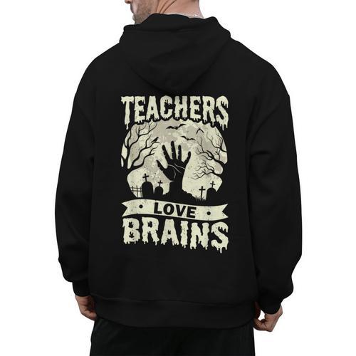 Teachers Love Brains Halloween Costume Boo Trick Teach Men's Hoodie Back Print - teacherstshirts.com CA