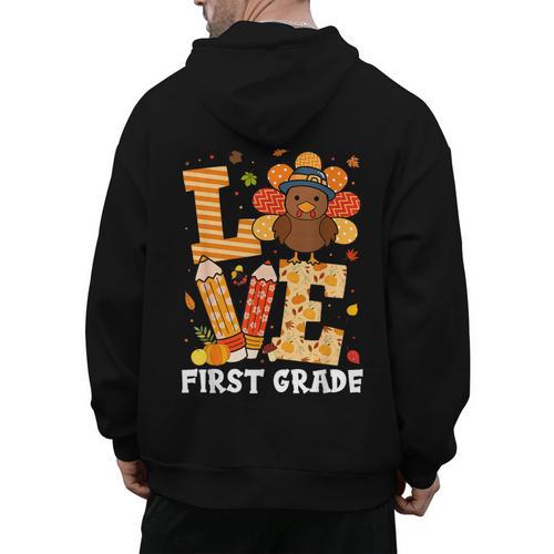 Thanksgiving Love First Grade Teacher Turkey Autumn Fall For Men Women Girls Kids Men's Hoodie Back Print - teacherstshirts.com CA