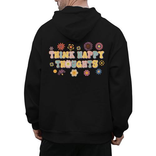 Think Happy Thoughts Teens Spring Positive Message Teachers For Men Women Girls Kids Men's Hoodie Back Print - teacherstshirts.com CA