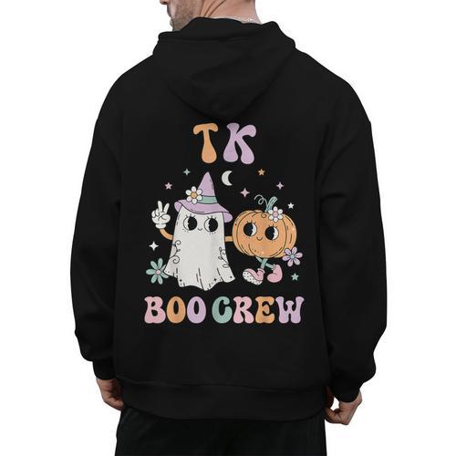 TK Boo Crew Retro Groovy Halloween Floral Ghost TK Teacher Men Women Kids Men's Hoodie Back Print - teacherstshirts.com UK