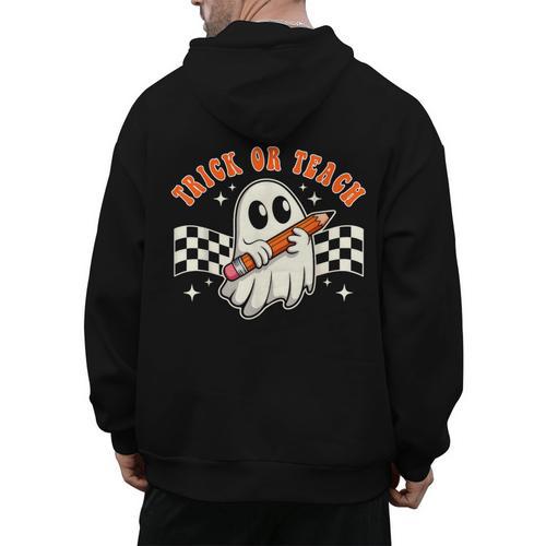 Trick Or Teach Groovy Retro Ghost Halloween Teacher Kids Men's Hoodie Back Print - teacherstshirts.com CA
