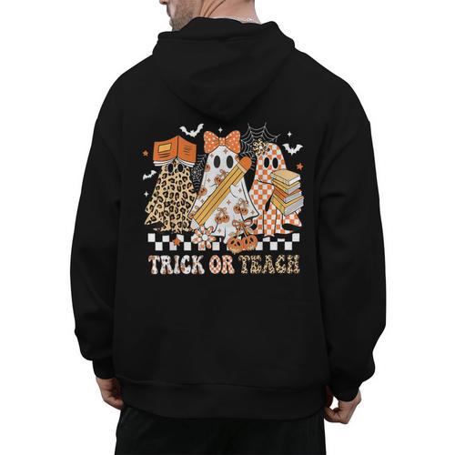 Trick Or Teach Groovy Teacher Halloween Floral Ghost Men's Hoodie Back Print - teacherstshirts.com DE