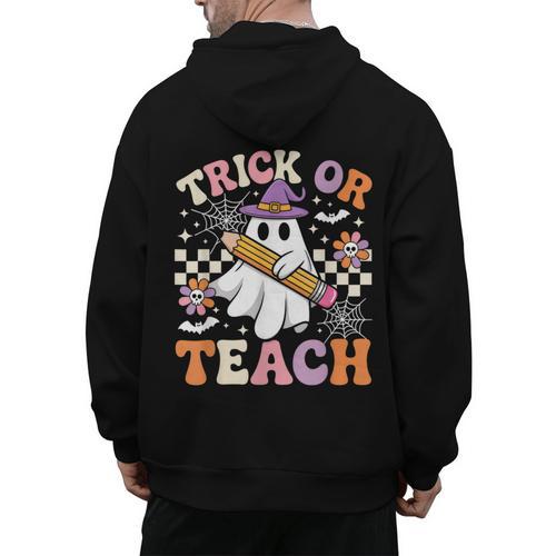Trick Or Teach Groovy Teacher Halloween Retro Ghost Men's Hoodie Back Print - teacherstshirts.com UK