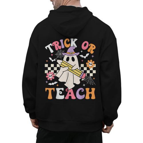 Trick Or Teach Groovy Teacher Halloween Retro Teacher Ghost Men's Hoodie Back Print - teacherstshirts.com AU