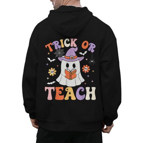 Trick Or Teach Teacher Groovy Ghost Halloween Teacher Men's Hoodie Back Print - teacherstshirts.com CA