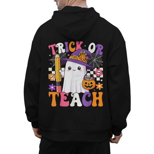Trick Or Teach Teacher Pencil Ghost Halloween Teacher Men's Hoodie Back Print - teacherstshirts.com CA