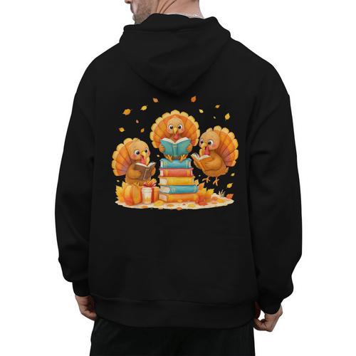 Turkey Read Books Reading Fall Thanksgiving Teacher Men's Hoodie Back Print - teacherstshirts.com CA