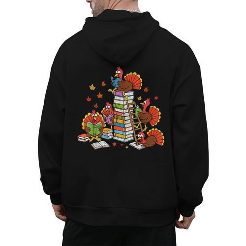 Turkey Reading Books Fall Thanksgiving Teacher Librarian Men's Hoodie Back Print - teacherstshirts.com DE