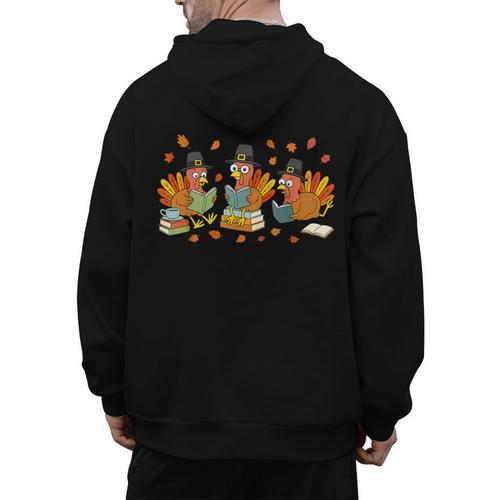 Turkey Reading Books Fall Thanksgiving Teacher Student Men's Hoodie Back Print - teacherstshirts.com