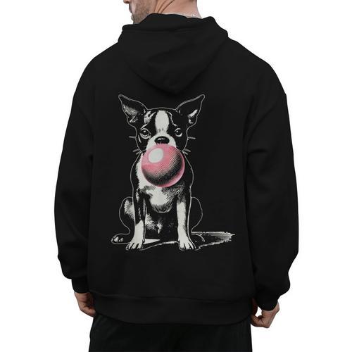 Vintage Boston Terrier Blowing Bubble Gum American Gentleman Men's Hoodie Back Print - Bostonterriersmerch.com
