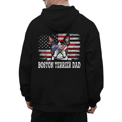 Vintage Boston Terrier Dad American Flag Father's Day Men's Hoodie Back Print - Bostonterriersmerch.com
