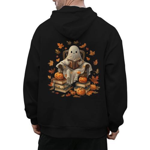 Vintage Ghost Book Reading Pumpkin Gothic Halloween Teachers Men Women Kids Men's Hoodie Back Print - teacherstshirts.com CA