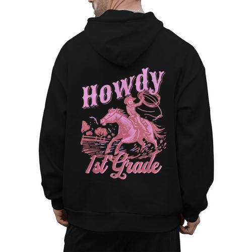 Vintage Howdy First Grade Cowgirl Teacher Western School Men's Hoodie Back Print - teacherstshirts.com UK