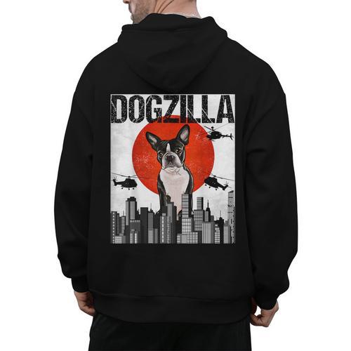 Vintage Japanese Dogzilla Boston Terrier Men's Hoodie Back Print - Bostonterriersmerch.com