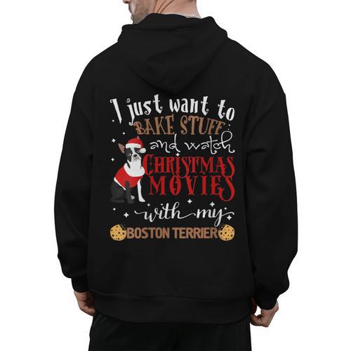 Watch Christmas Movies With My Boston Terrier Bostie Men's Hoodie Back Print - Bostonterriersmerch.com