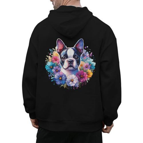 Watercolor Floral Boston Terrier Mama Dog Lover Mother's Day Men's Hoodie Back Print - Bostonterriersmerch.com DE