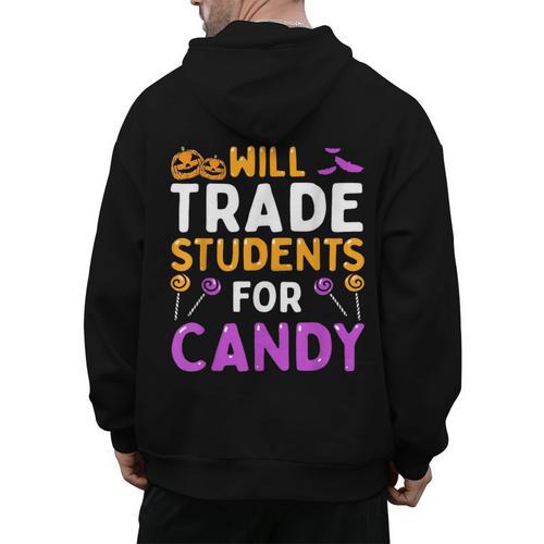 Will Trade Students For Candy Cute Halloween Costume Teacher For Men Women Kids Men's Hoodie Back Print - teacherstshirts.com