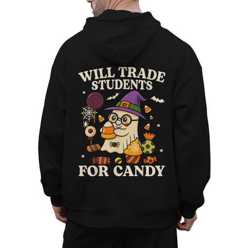 Will Trade Students For Candy Teacher Ghost Halloween Men's Hoodie Back Print - teacherstshirts.com AU