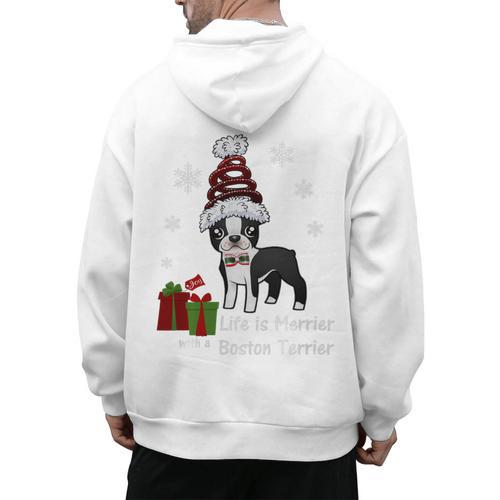 Boston Terrier Christmas T Shirt-Life Is Merrier Premium Tri-Blend Men's Hoodie Back Print - Bostonterriersmerch.com