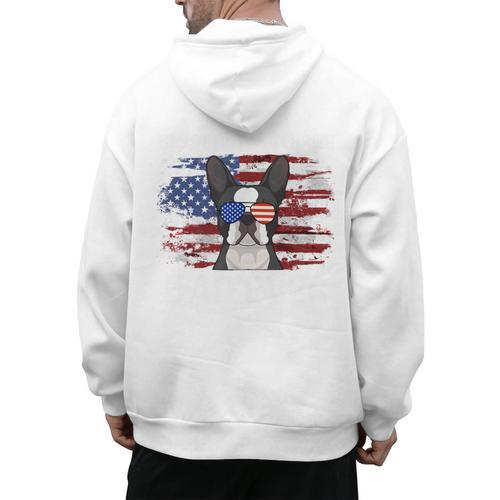 Boston Terrier Dad American Flag 4th Of July Dog Fathers Day Men's Hoodie Back Print - Bostonterriersmerch.com