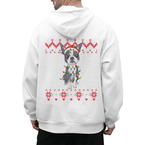 Boston Terrier Dog Santa Hat Men Kids Ugly Christmas Light Men's Hoodie Back Print - Bostonterriersmerch.com