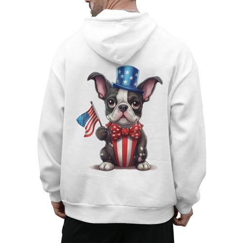 Boston Terrier Puppy Dog Holds His American Flag 4th Of July Men's Hoodie Back Print - Bostonterriersmerch.com