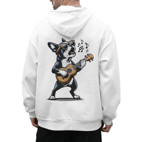 Dog Playing Guitar Singing Boston Terrier For Men Women Girls Kids Men's Hoodie Back Print - Bostonterriersmerch.com CA