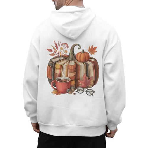 Fall Book Pumpkin Retro Reading Halloween Teacher Men's Hoodie Back Print - teacherstshirts.com UK