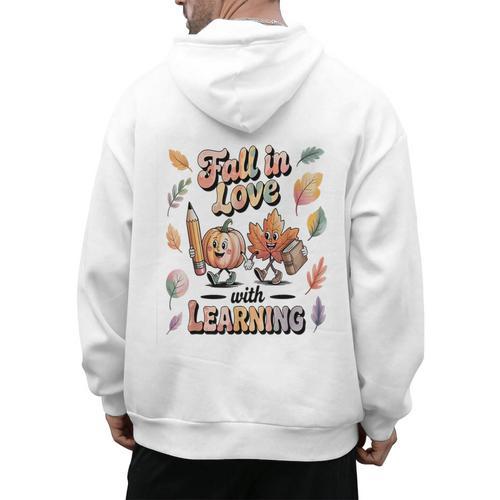Fall In Love With Learning Teacher Autumn School Men's Hoodie Back Print - teacherstshirts.com