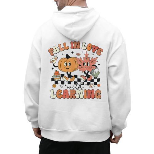 Fall In Love With Learning Teacher Retro Thanksgiving Men's Hoodie Back Print - teacherstshirts.com AU