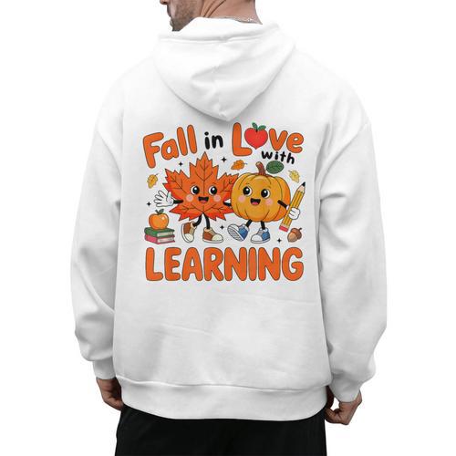 Fall In Love With Learning Thanksgiving Teacher Student Kids Men's Hoodie Back Print - teacherstshirts.com CA