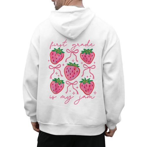 First Grade Is My Jam Strawberry First Grade Teacher Women Men's Hoodie Back Print - teacherstshirts.com AU