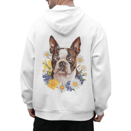 Floral Boston Terrier Men's Hoodie Back Print - Bostonterriersmerch.com