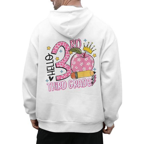 Hello 3rd Third Grade Back To School Pink Leopard Teacher Men's Hoodie Back Print - teacherstshirts.com