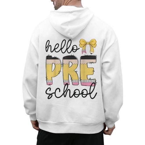 Hello Pre-K Preschool Back To School First Day Teacher Kids Men's Hoodie Back Print - teacherstshirts.com AU