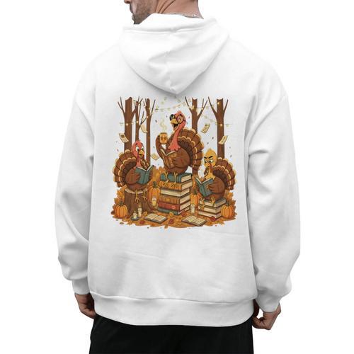 Librarian Turkey Reading Book Fall Thanksgiving Teacher Book Men's Hoodie Back Print - teacherstshirts.com CA