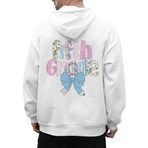 Preppy Fifth Grade Teacher Blue Floral Coquette Pencil Bow Men's Hoodie Back Print - teacherstshirts.com DE