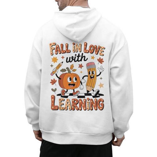 Retro Fall In Love With Learning Autumn Pumpkin Teacher Kids Men's Hoodie Back Print - teacherstshirts.com DE