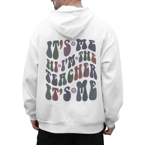 Retro IT'S ME Hi I'm The TEACHER Groovy Testing Squad Pink Men's Hoodie Back Print - teacherstshirts.com UK