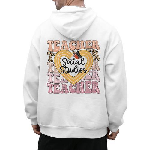 Social Studies Teacher Pencil Heart Leopard Back To School Men's Hoodie Back Print - teacherstshirts.com