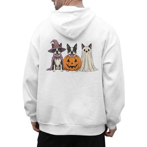 Spooky Ghost Boston Terrier Pumpkin Halloween Dog Lover Men's Hoodie Back Print - Bostonterriersmerch.com
