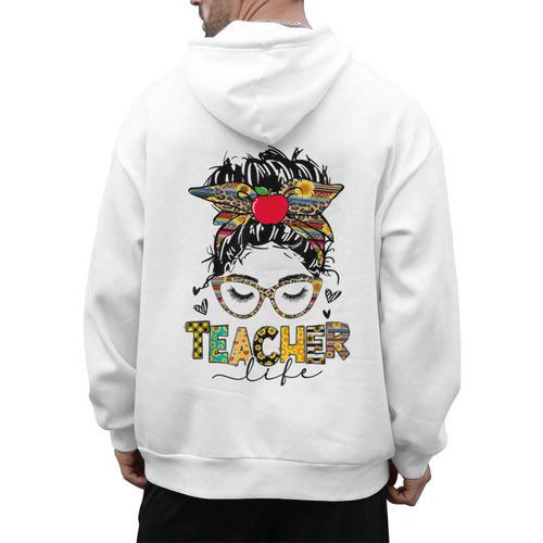 Teacher Life Messy Bun Glasses Leopard Sunflower Men's Hoodie Back Print - teacherstshirts.com UK