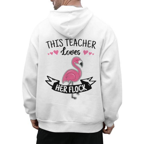 This Teacher Loves Her Flock Cute Flamingo Teacher Men's Hoodie Back Print - teacherstshirts.com AU