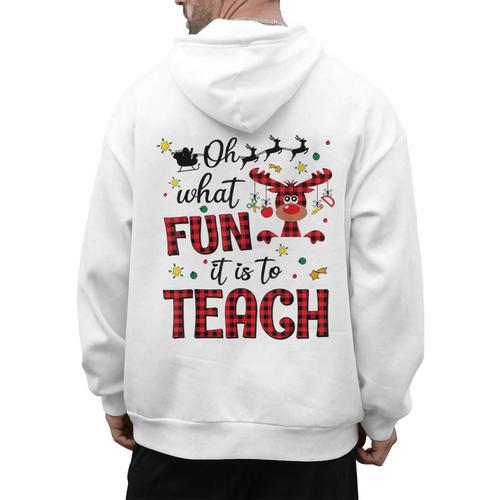 Teachers Oh What Fun It Is To Teach Cute Red Plaid Reindeer Men's Hoodie Back Print - teacherstshirts.com UK
