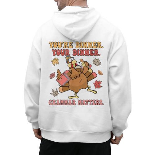 Thanksgiving Grammar Thankful English Teacher Fall Turkey Men's Hoodie Back Print - teacherstshirts.com AU