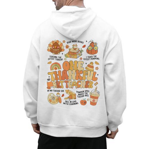 Thanksgiving One Thankful Art Teacher Fall Groovy Men Women Men's Hoodie Back Print - teacherstshirts.com AU