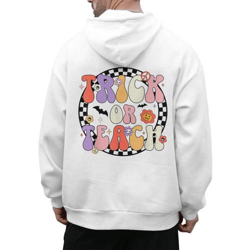 Trick Or Teach Retro Groovy Halloween Teacher Men's Hoodie Back Print - teacherstshirts.com UK
