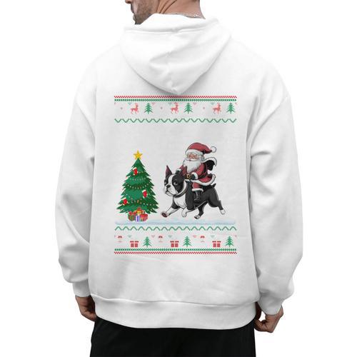 Ugly Christmas Tree Lights Xmas Santa Riding Boston Terrier Men's Hoodie Back Print - Bostonterriersmerch.com