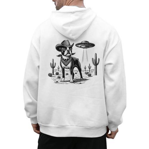 Vintage Boston Terrier UFO Western Wild West Dog Mom Dad Men's Hoodie Back Print - Bostonterriersmerch.com
