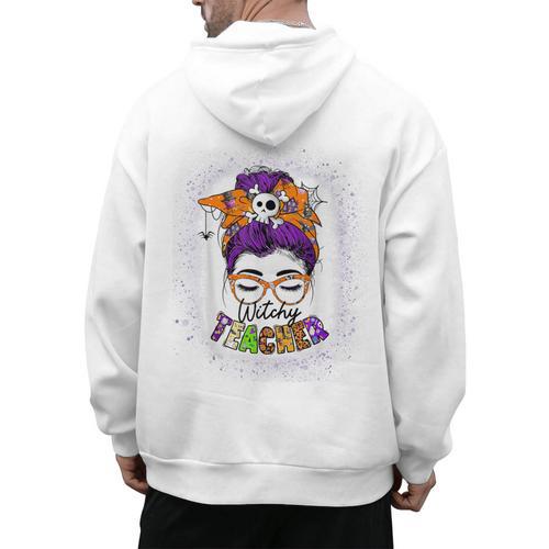 Witchy Teacher Halloween Messy Bun Teacher Bleached Men's Hoodie Back Print - teacherstshirts.com DE